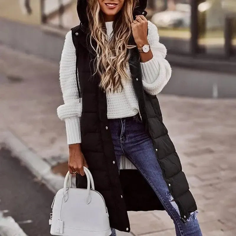 Doudoune Longue Sans Manches Femme - Gilet Matelassé Cintré Avec Capuche, Zippé, Poches, Pour Automne-hiver