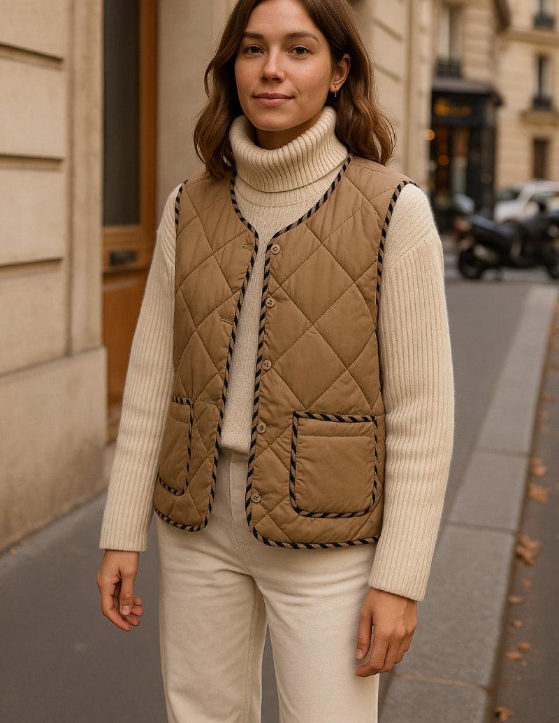 Gilet matelassé sans manche mi-saison café-crème-Atelier Matelassé
