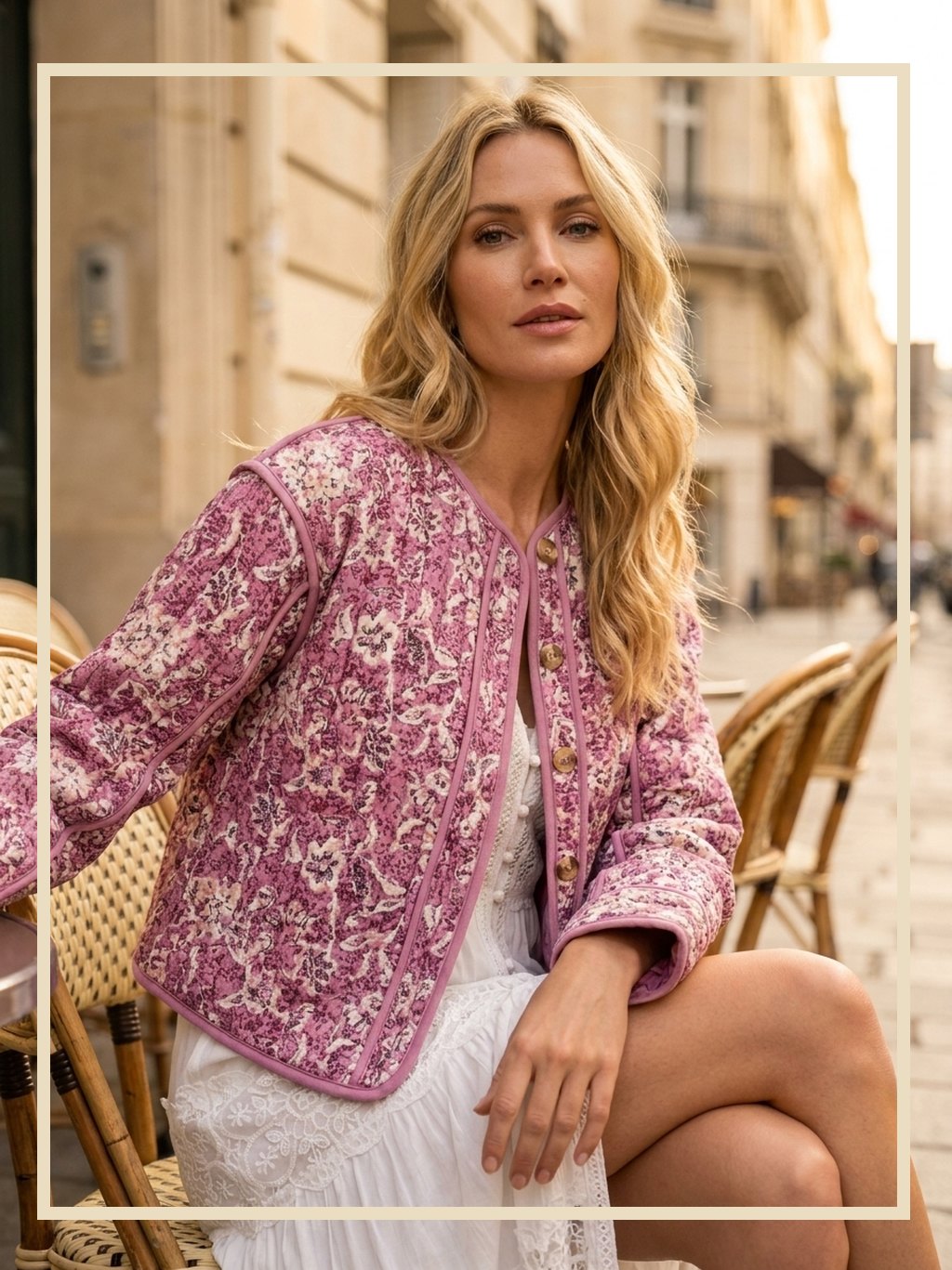 Femme portant la veste matelassée rose fleurie en terrasse de café