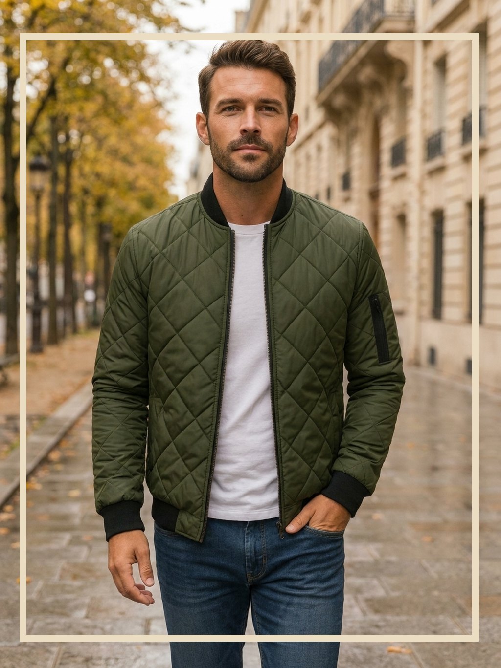 Homme portant la veste matelassée kaki style bomber sur un boulevard parisien