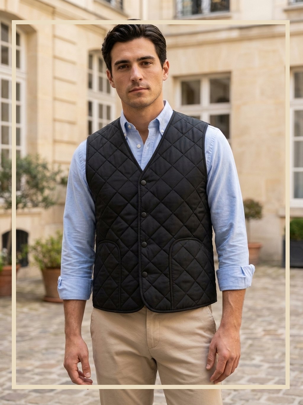 Homme portant le gilet matelassé noir sur une chemise bleue